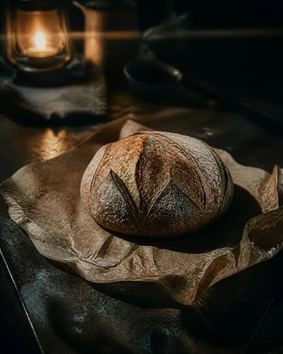 A rustic sourdough loaf on crumpled parchment, lit by a single warm source