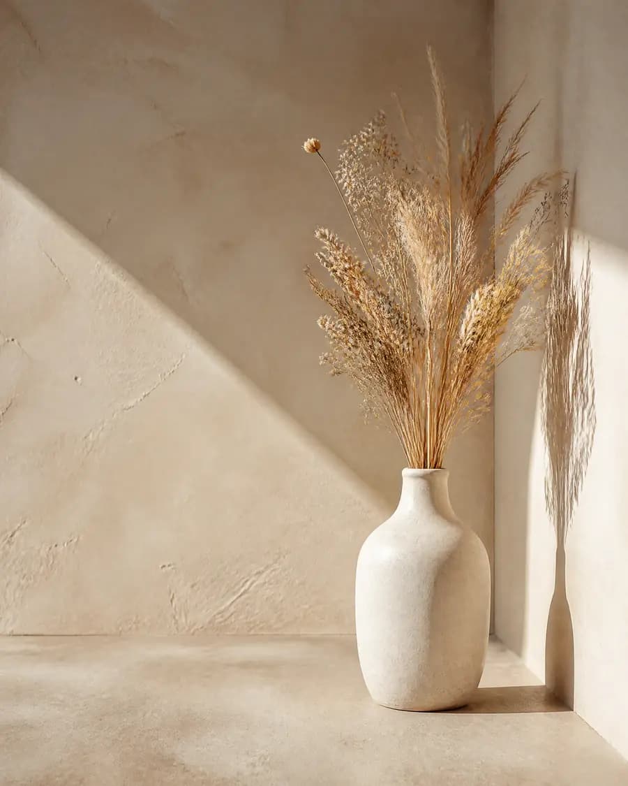 A pale ceramic vase of dried grasses in a sunlit corner, long afternoon shadows