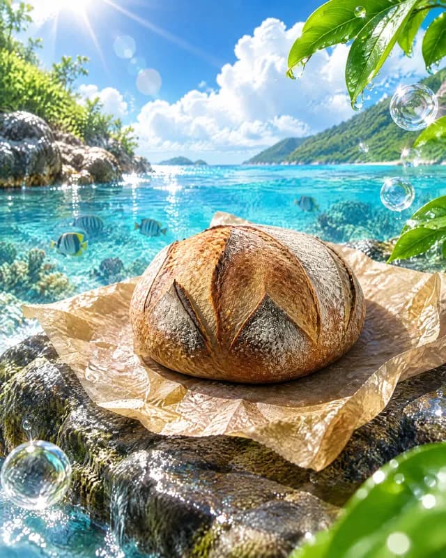The same sourdough loaf, re-shot in Latent's Frutiger Aero look